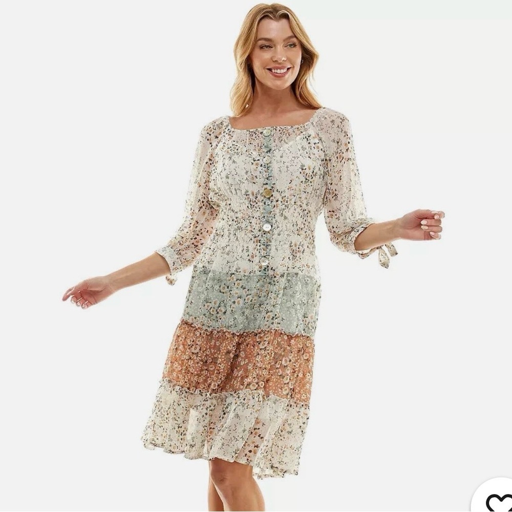 fig and flower Cream Floral Tiered Midi Dress with Sage & Rust Panels